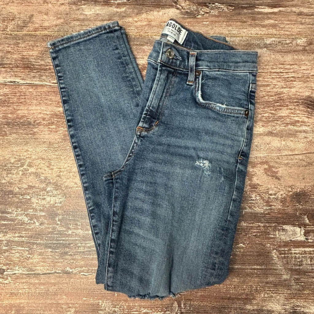 Agolde | Women's Distressed Sophie Mid-Rise Cropped Ankle Jeans Skinny Denim, 26